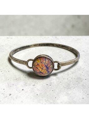 Vintage Sterling Silver Cuff Bracelet W/ Dichroic Glass Centerpiece Boho Style